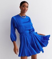 New Look Blue Satin Long Sleeve Belted Mini Skater Dress
